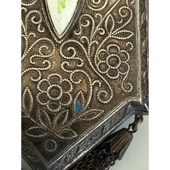 Antique 1910s Compact Coin Purse Silverplate Guilloche Enamel - Picture 9 of 16